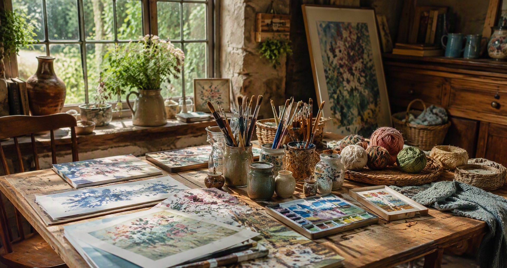 Illustrative image: paints and craft materials spread across a kitchen table