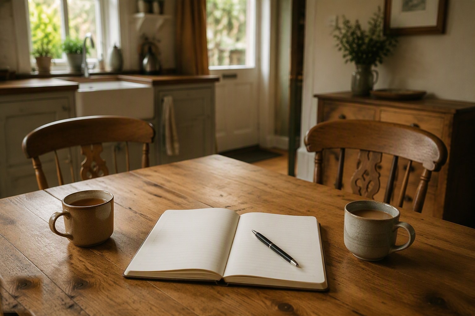 Illustrative image: a planner notebook and two mugs of tea on a wooden kitchen table