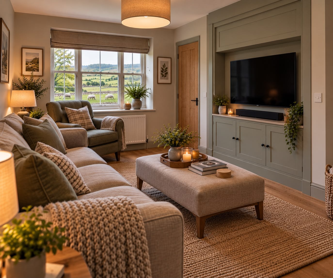 Illustrative image: a warm residential lounge with deep sofas and a wide window looking out over green countryside