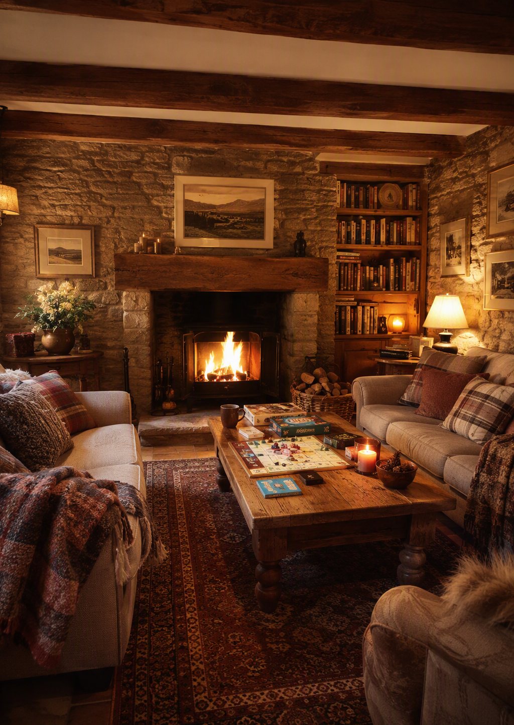 Illustrative image: a cosy stone cottage interior with an open fire