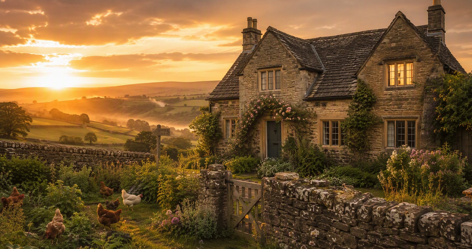 Illustrative image: a heritage stone cottage glowing at golden hour in the Derbyshire countryside