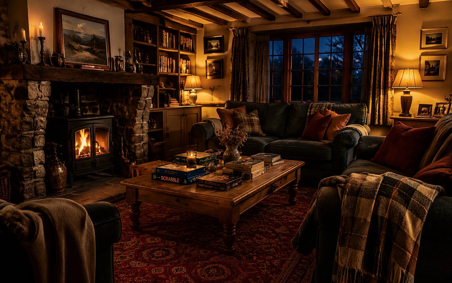 Illustrative image: a firelit living room with deep armchairs