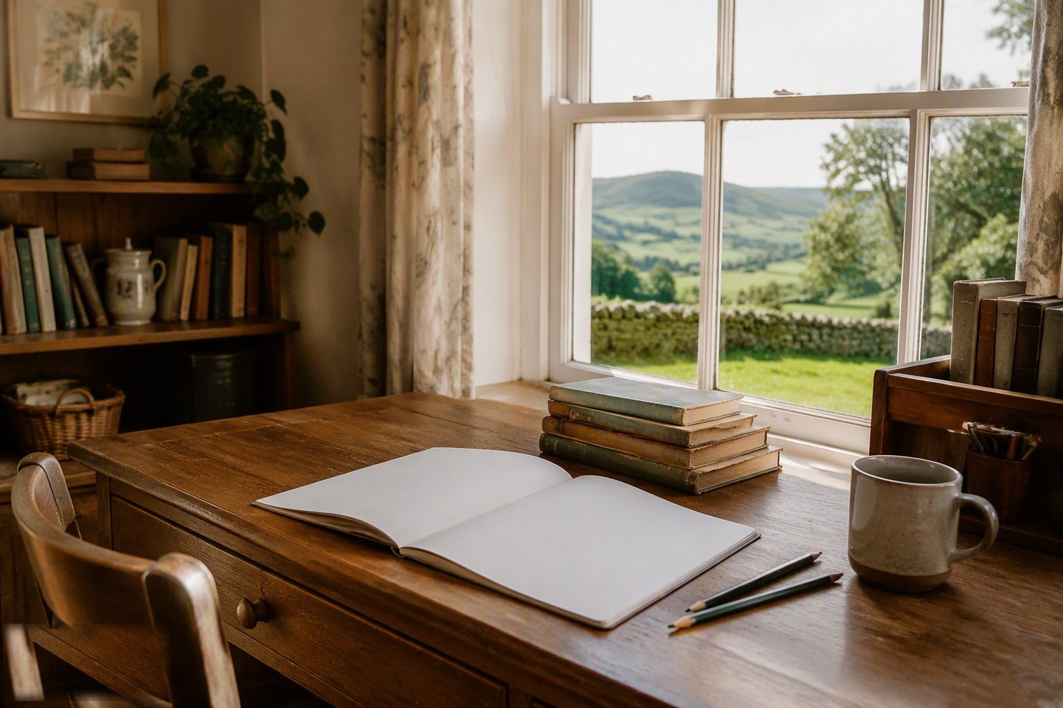 Illustrative image: a quiet study desk by a window with books, pencils and an open exercise book